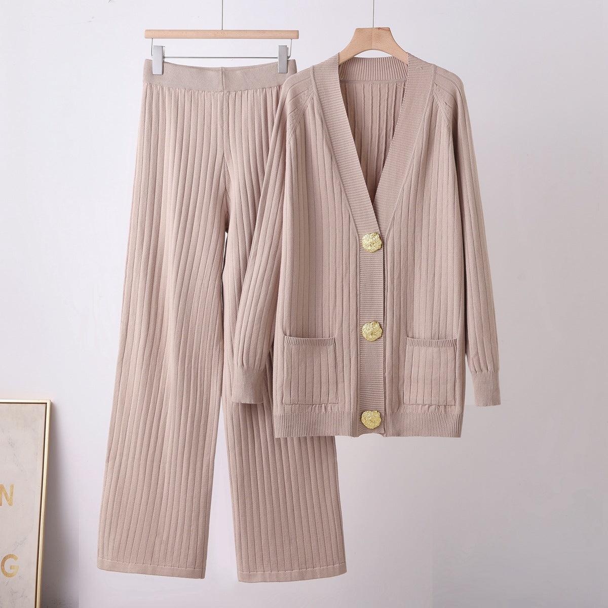 Metal button cardigan sweater wide leg pants set
